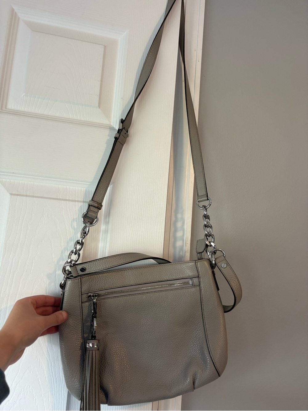 Michael Kors Gray Leather Crossbody with Tassel and Chain Detail
